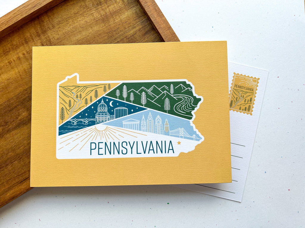 A postcard with an illustrated map of Pennsylvania, featuring a variety of colors and depicting landmarks and scenery.