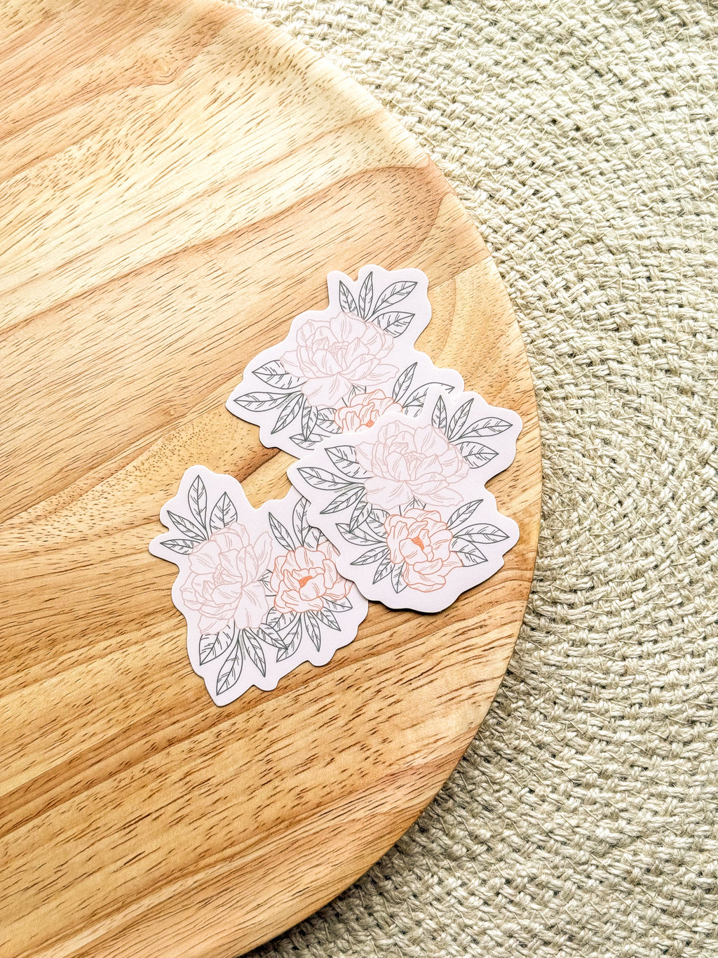 3 vinyl stickers with a illustrated peony design.
