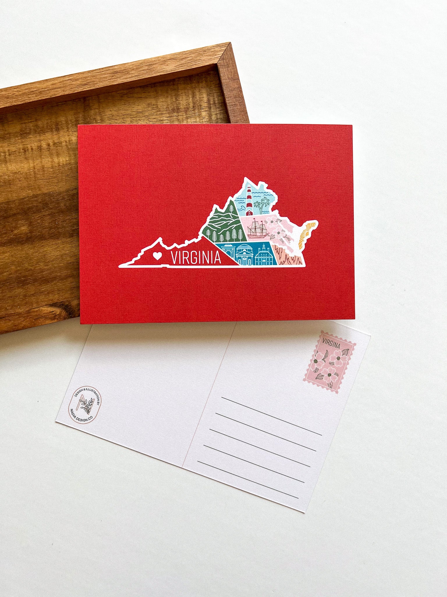 A postcard with an illustration of Virginia state landmarks on a red background with the word 'Virginia' written across the lower part of the state outline.