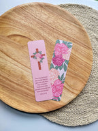 Illustrated peony Floral bookmark with a cross design and John 3:16 verse on a wooden plate