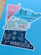 Colorful Minnesota-themed postcard on a textured surface