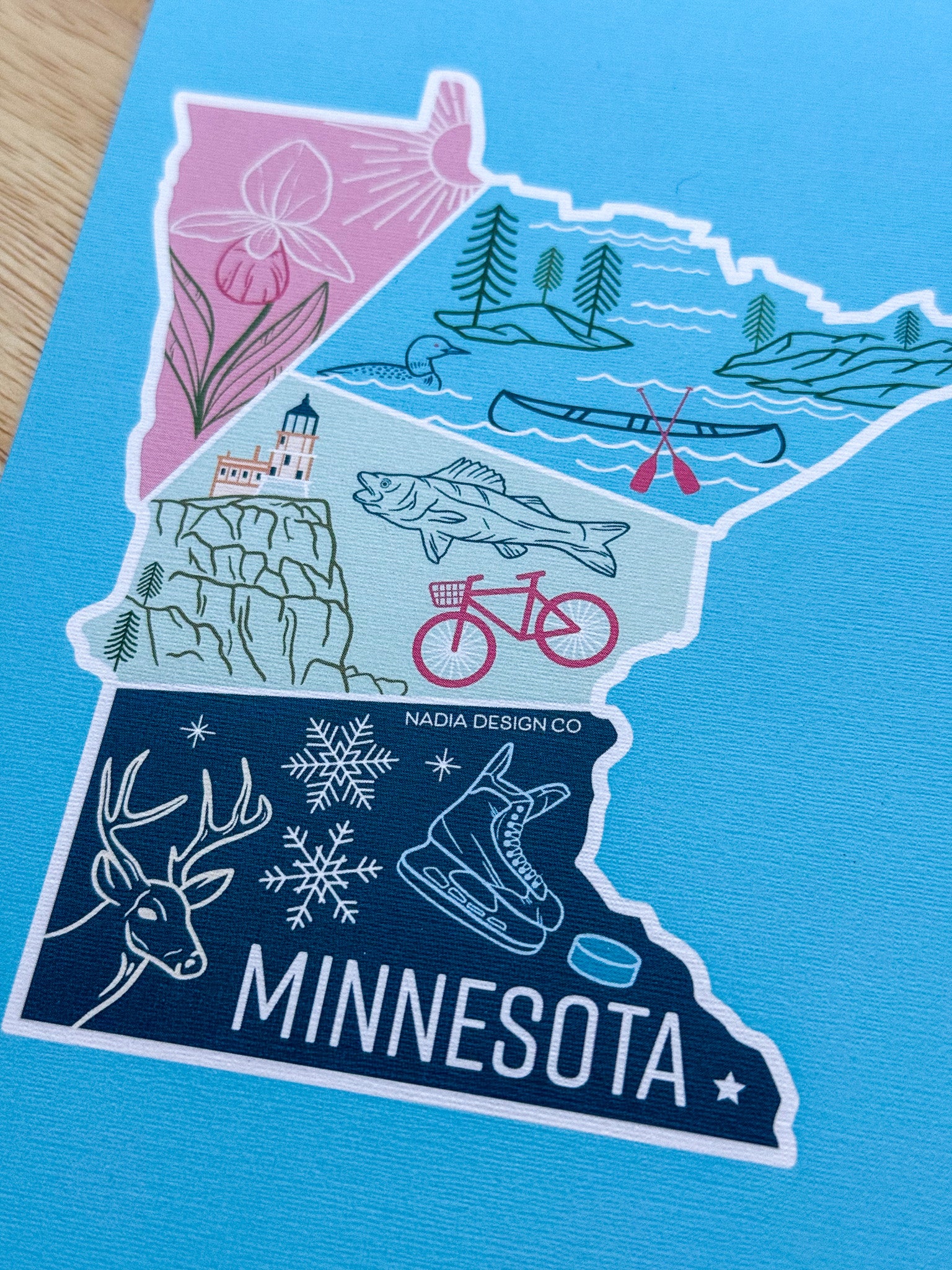 Colorful Minnesota-themed postcard on a textured surface