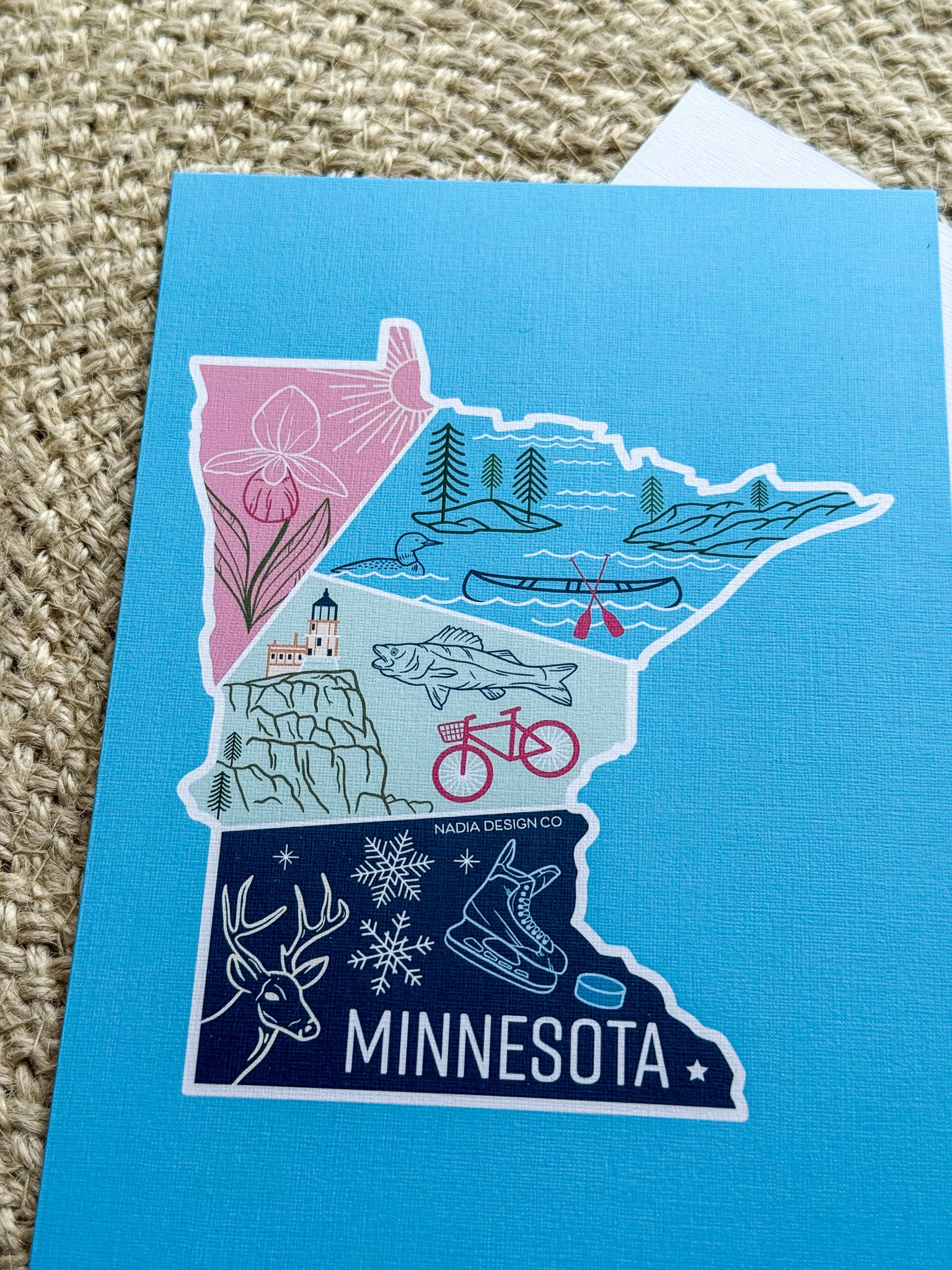 Minnesota-themed card with illustrations on a blue background
