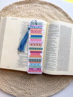 Colorful bookmark with tassel on an open book