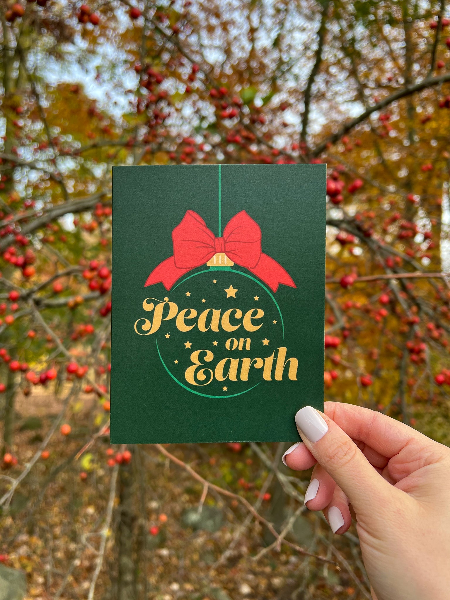 green christmas card with "peace on earth" written and illustrated ornament and bow. held by a hand 