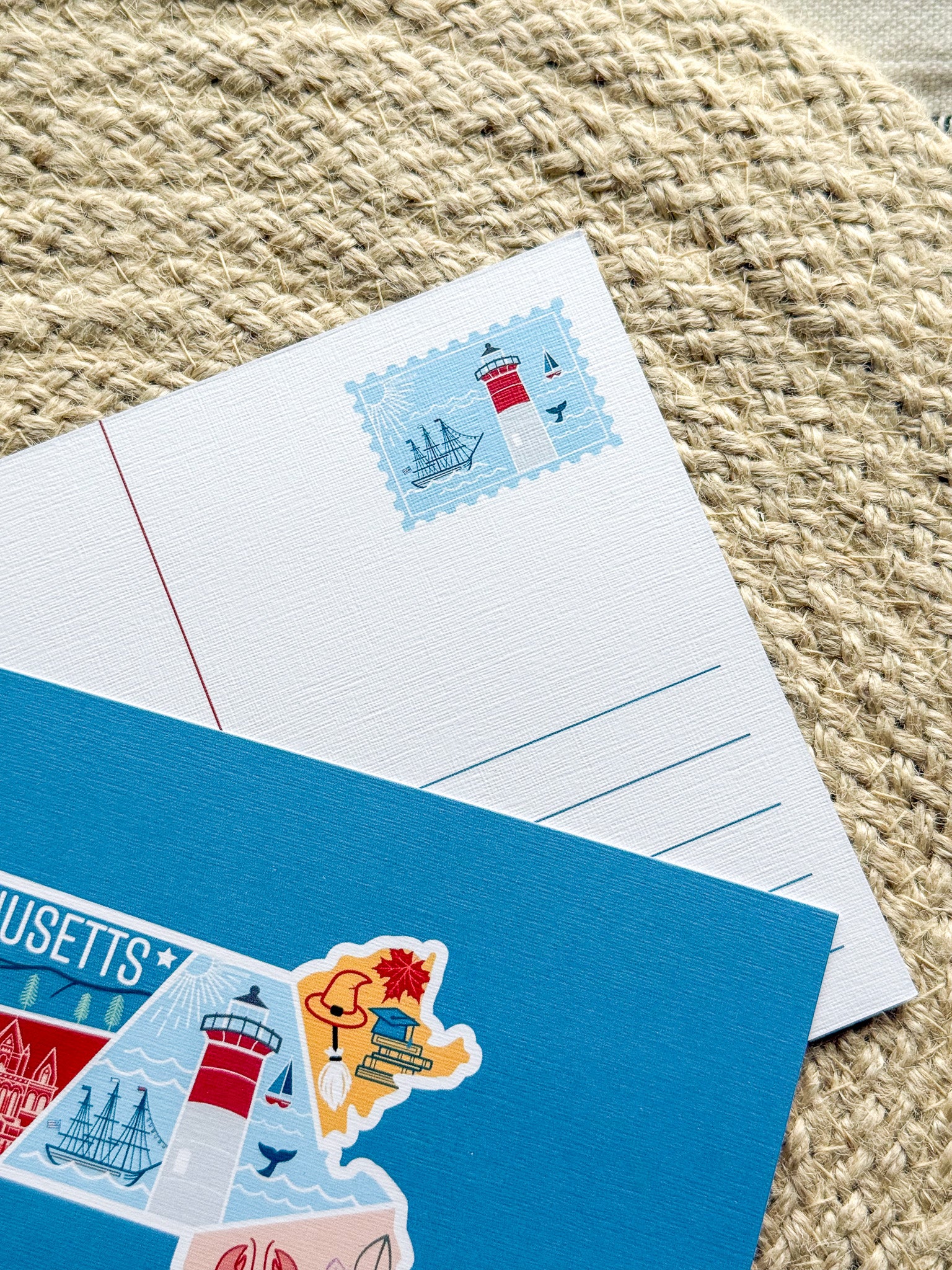 Postcard with a Massachusetts illustrated design on a textured surface
