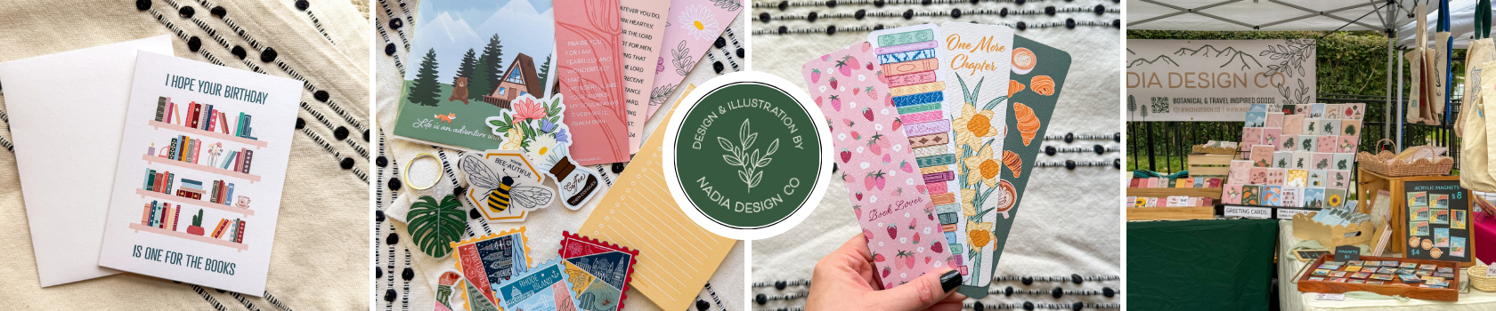 Collage of various stationery items including cards, stickers, and a brand logo.