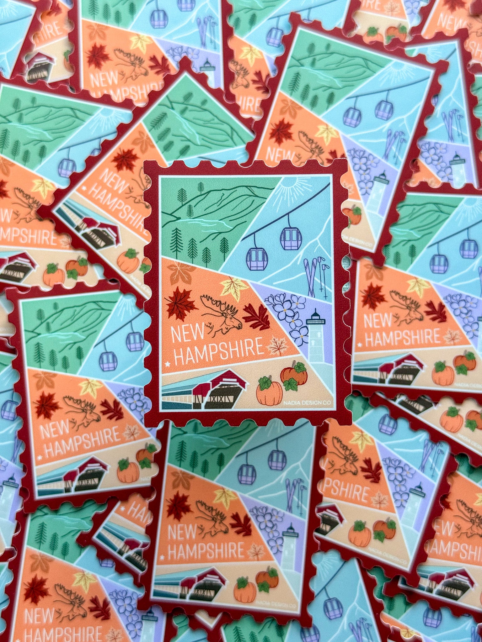 New Hampshire illustrated themed decorative sticker stamp shaped 
