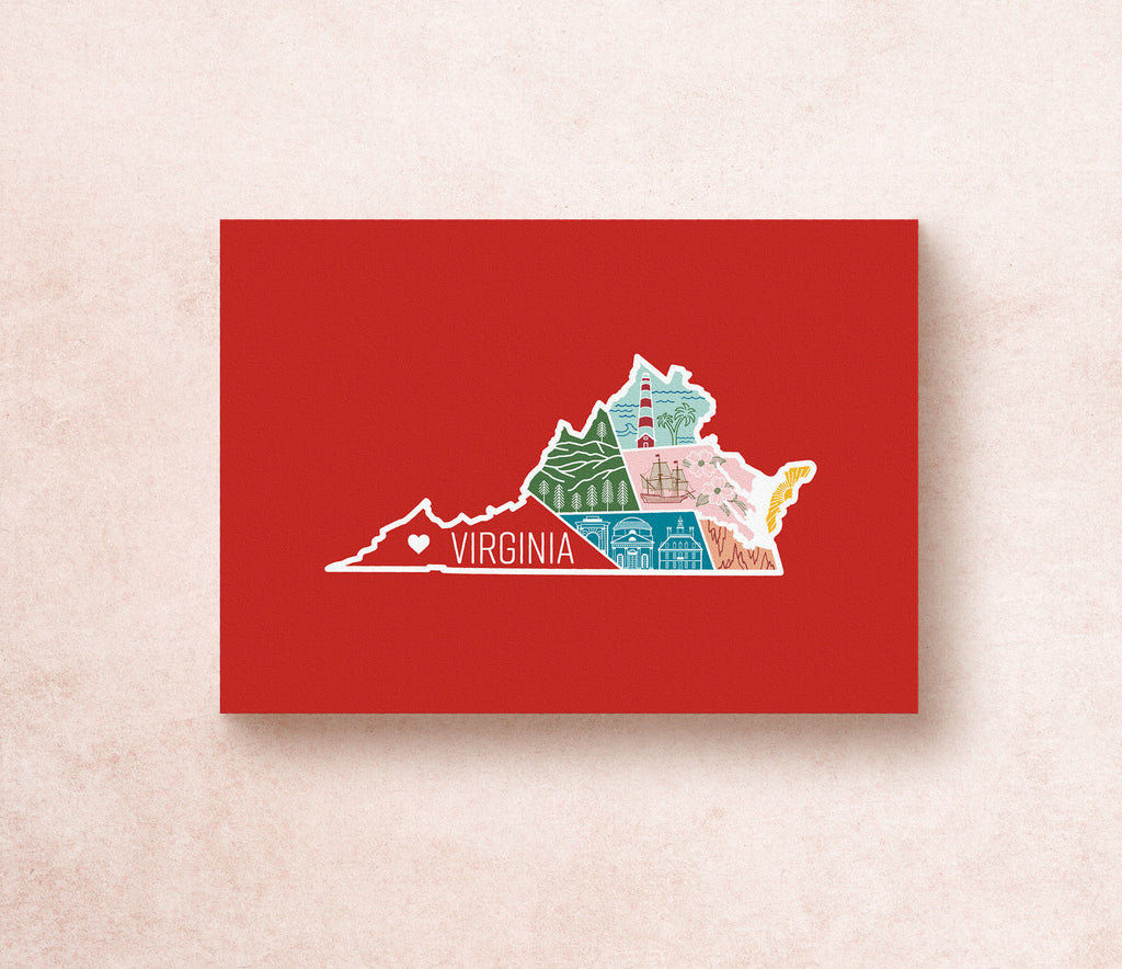 A postcard with an illustration of Virginia state landmarks on a red background with the word 'Virginia' written across the lower part of the state outline.
