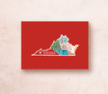 A postcard with an illustration of Virginia state landmarks on a red background with the word 'Virginia' written across the lower part of the state outline.