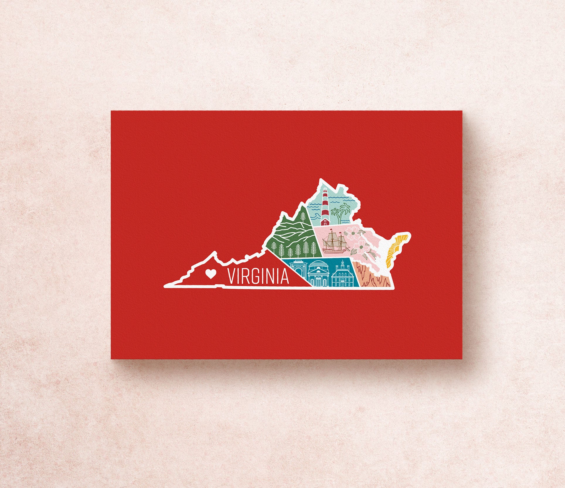 A postcard with an illustration of Virginia state landmarks on a red background with the word 'Virginia' written across the lower part of the state outline.