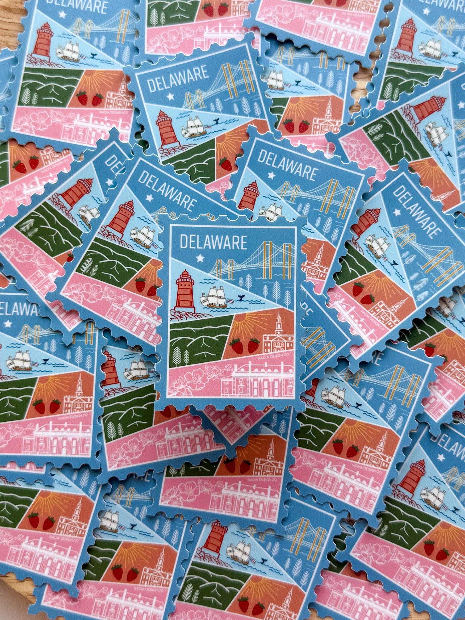 Stickers of Delaware with landmarks on a blue background