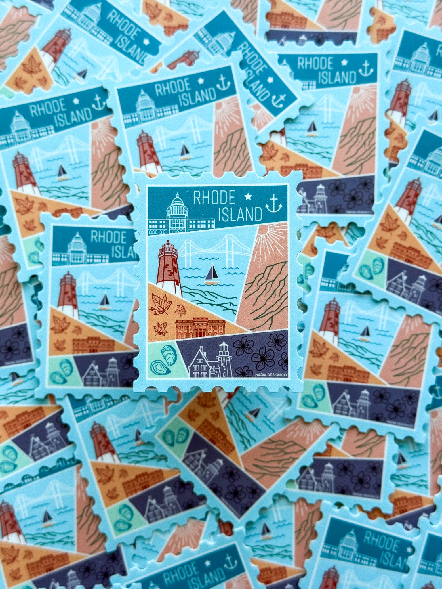 Rhode Island illustrated themed decorative sticker stamp shaped 