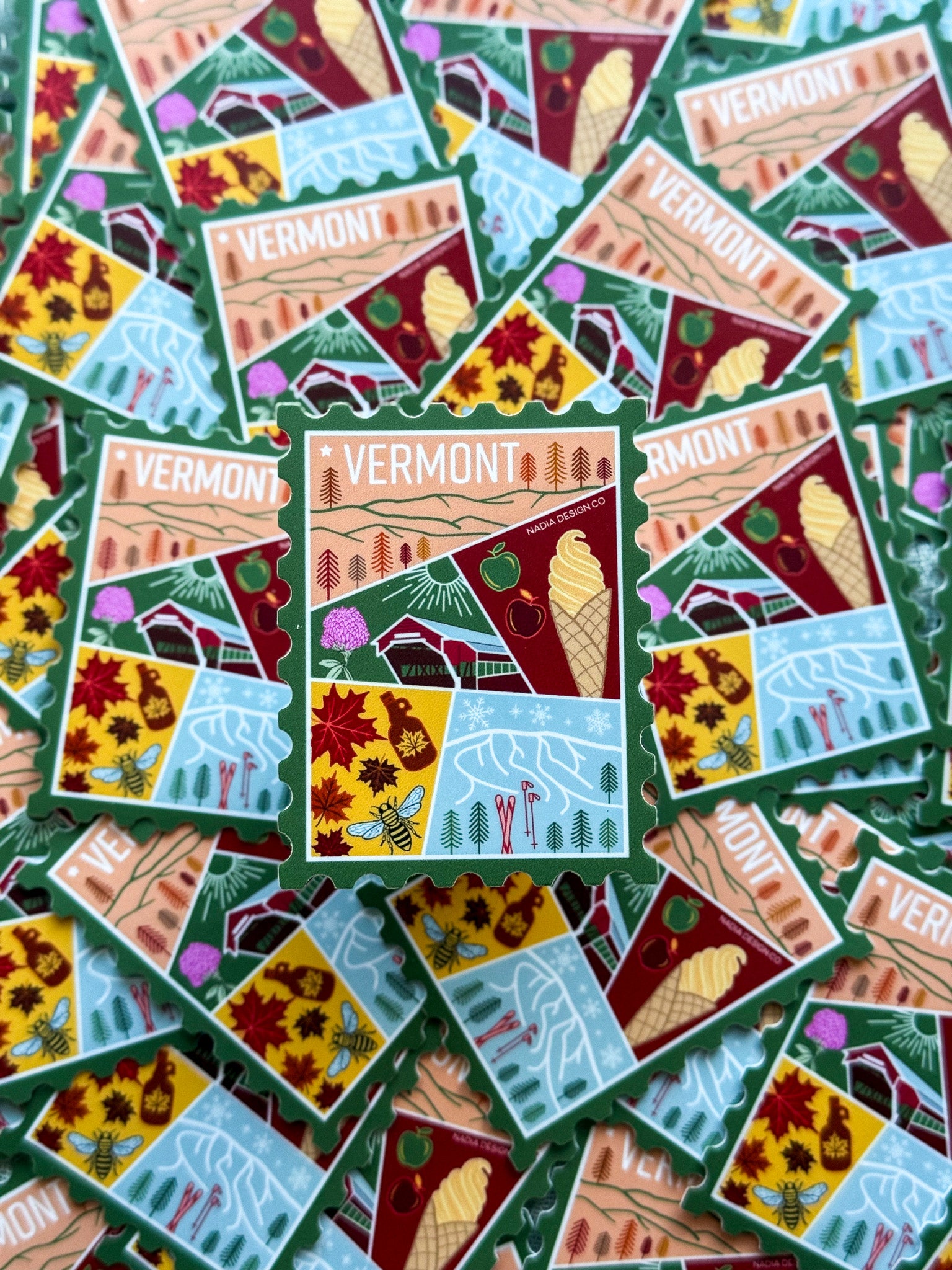 Vermont illustrated themed decorative sticker stamp shaped 