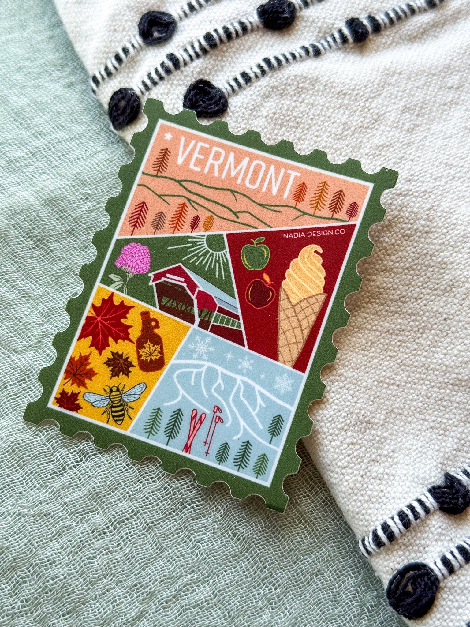 Vermont illustrated themed decorative sticker stamp shaped 
