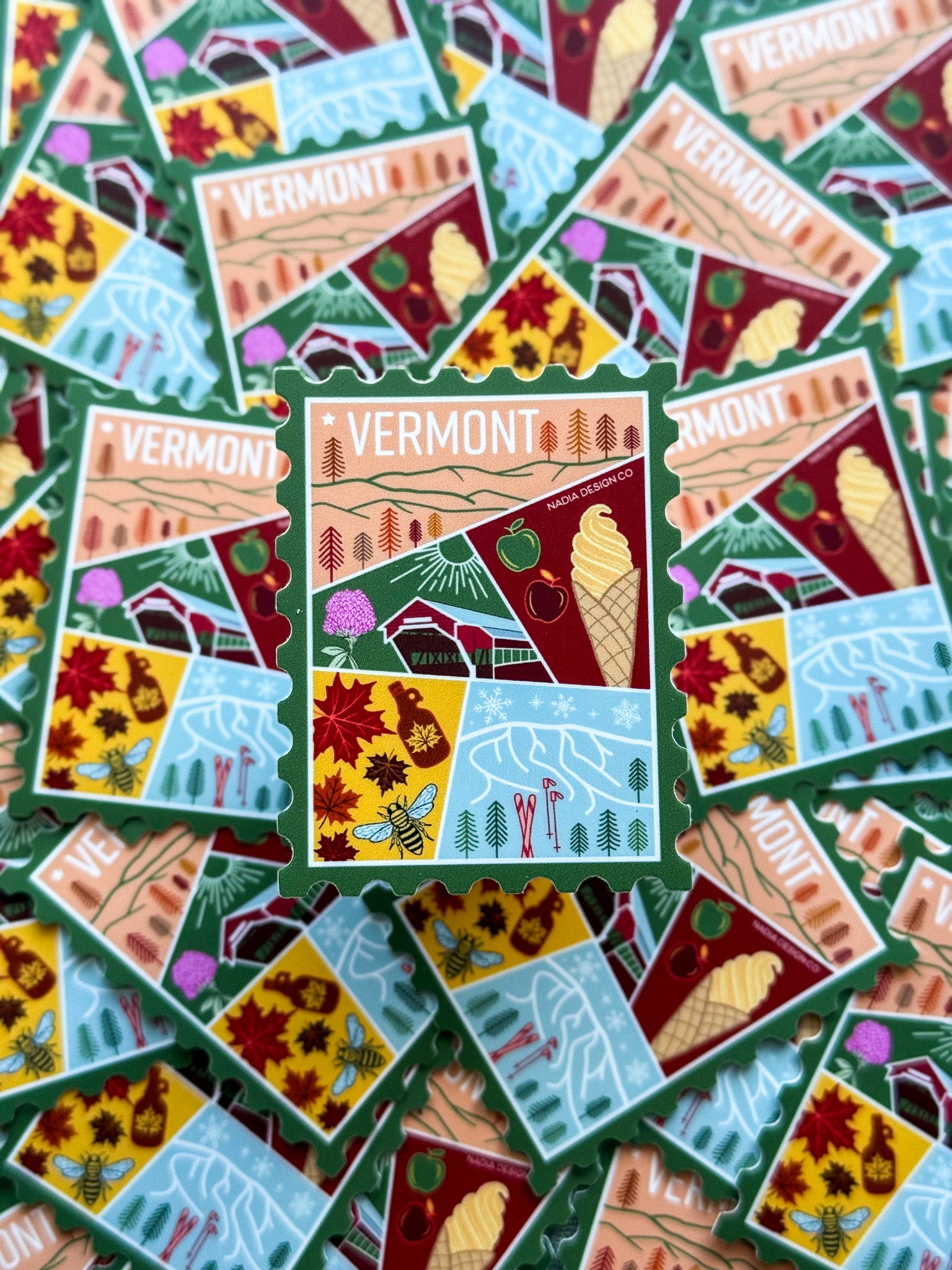 Vermont illustrated themed decorative sticker stamp shaped 