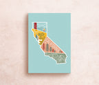 A colorful postcard depicting an illustrated map of California with various iconic elements like mountains and cacti.