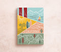 A colorful postcard featuring an illustration of California's landscape, including mountains, a beach, and iconic symbols like palm trees and a sailboat.