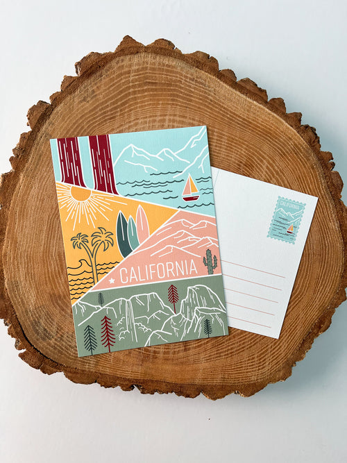A colorful postcard featuring an illustration of California's landscape, including mountains, a beach, and iconic symbols like palm trees and a sailboat.