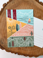 A colorful postcard featuring an illustration of California's landscape, including mountains, a beach, and iconic symbols like palm trees and a sailboat.