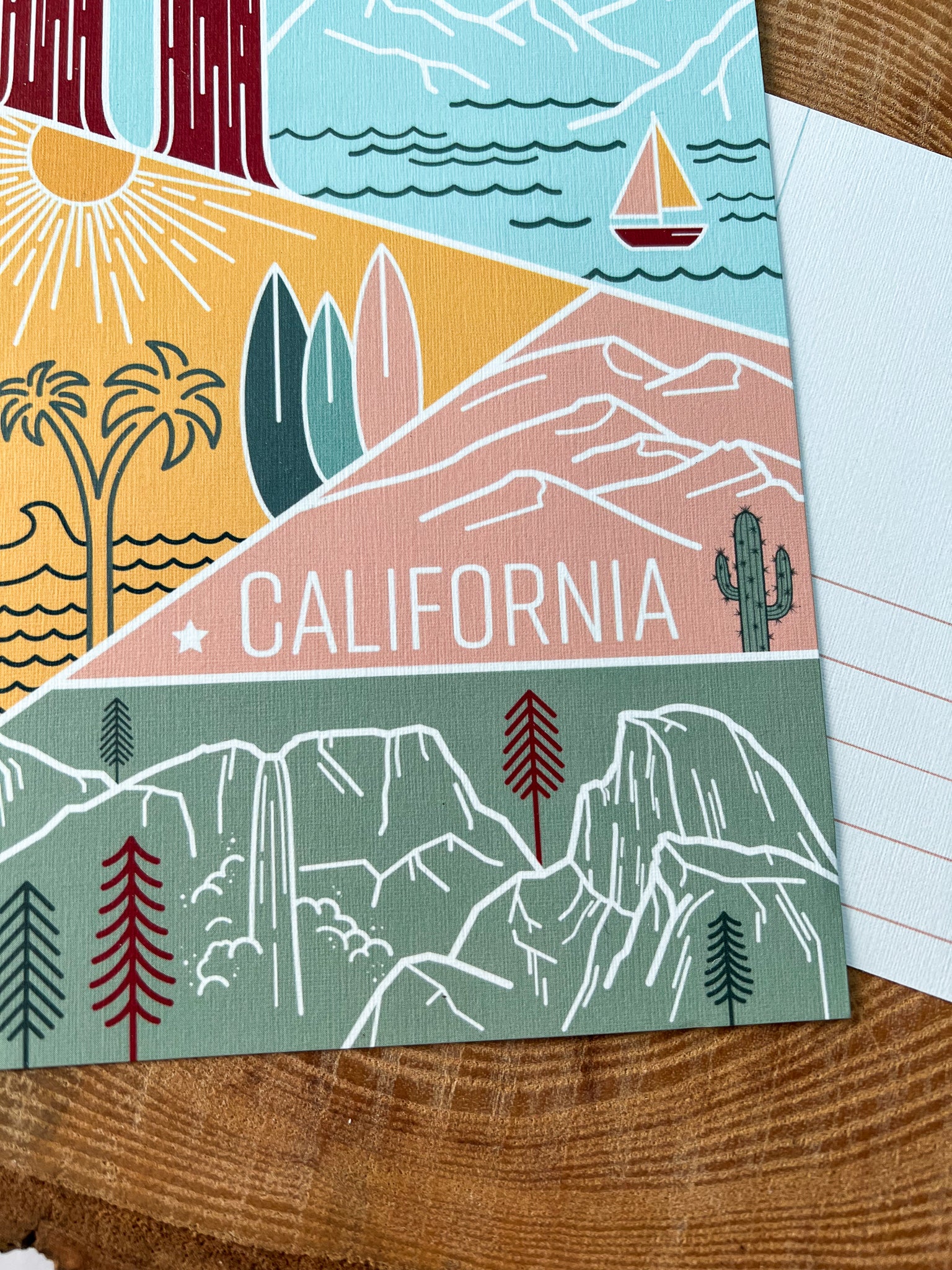 A colorful postcard featuring an illustration of California's landscape, including mountains, a beach, and iconic symbols like palm trees and a sailboat.