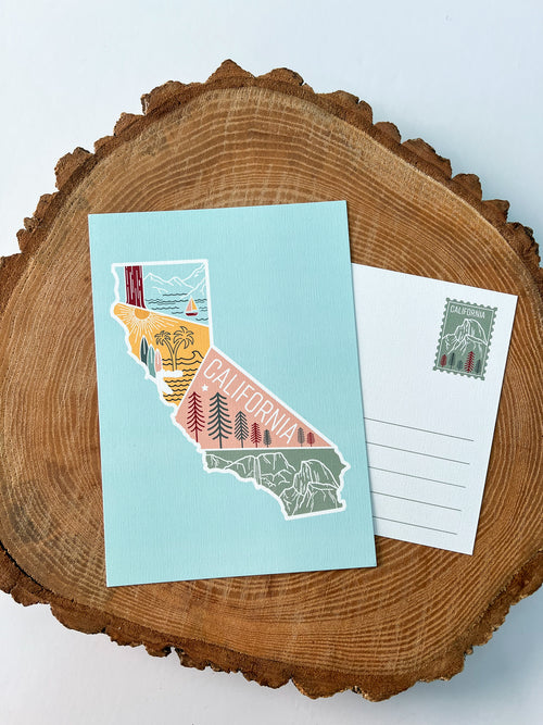 A colorful postcard featuring an illustration of California's landscape, including mountains, a beach, and iconic symbols like palm trees and a sailboat.