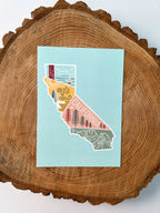 A colorful postcard featuring an illustration of California's landscape, including mountains, a beach, and iconic symbols like palm trees and a sailboat.