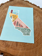 A colorful postcard featuring an illustration of California's landscape, including mountains, a beach, and iconic symbols like palm trees and a sailboat.