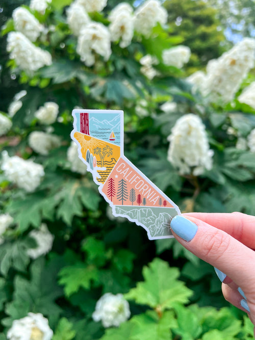 Hand holding a colorful illustrated sticker shaped like California 