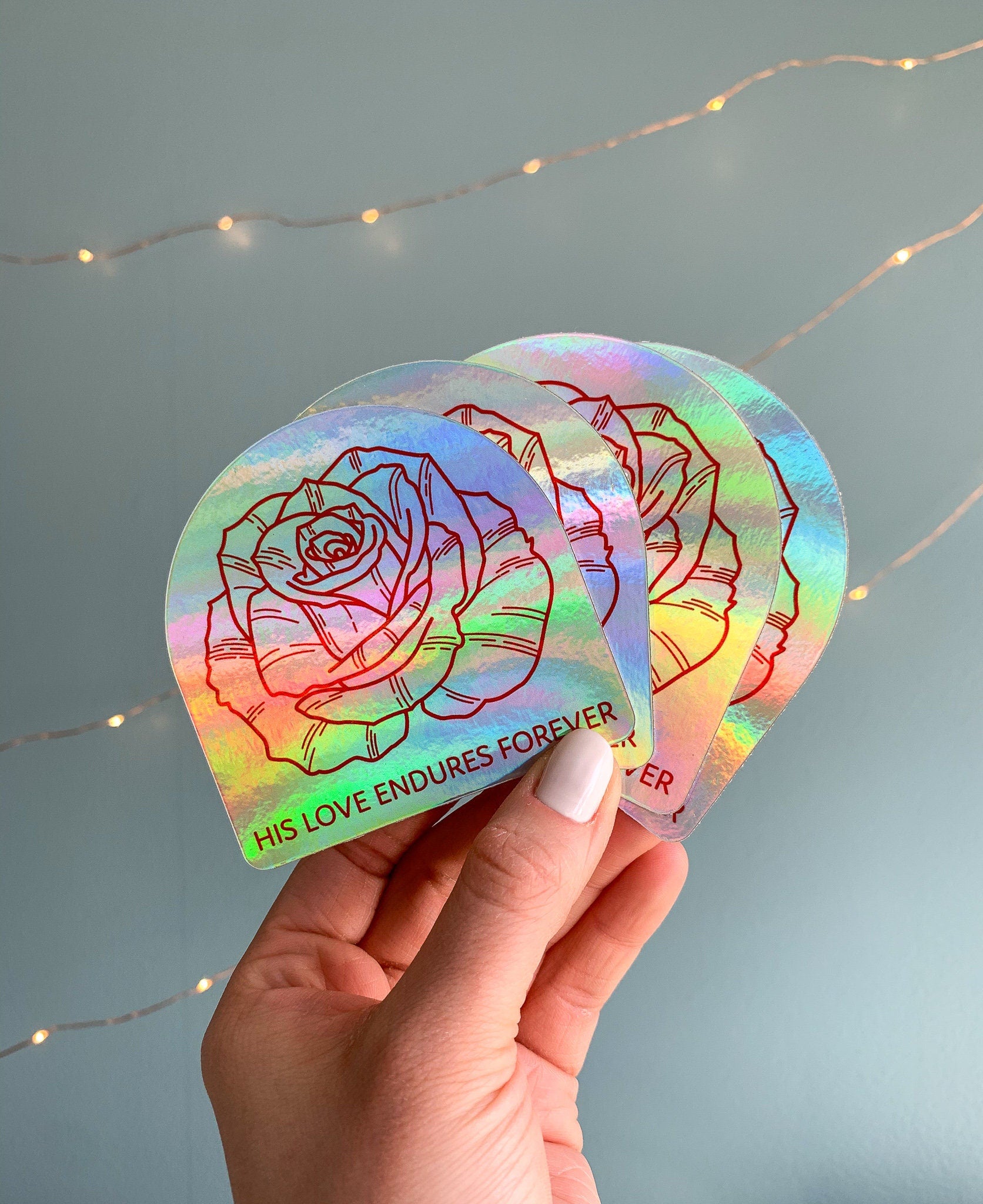 Rose "His Love Endures Forever" Holographic Sticker