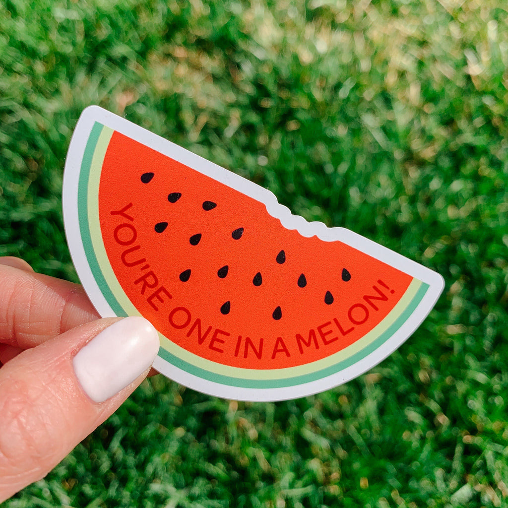 A hand holding a rectangular magnet with a slice of watermelon and the text 'You're one in a melon!' on it, against a grassy background.