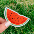 A hand holding a rectangular magnet with a slice of watermelon and the text 'You're one in a melon!' on it, against a grassy background.
