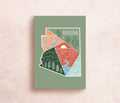 A postcard with an illustration representing Arizona's landscape, including a cactus and mountains, with a space for personalized messaging on the back.