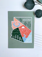 A postcard with an illustration representing Arizona's landscape, including a cactus and mountains, with a space for personalized messaging on the back.