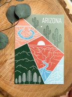 A postcard featuring a colorful illustration of Arizona's landscape, including mountains and cacti, with the text 'ARIZONA' at the top.