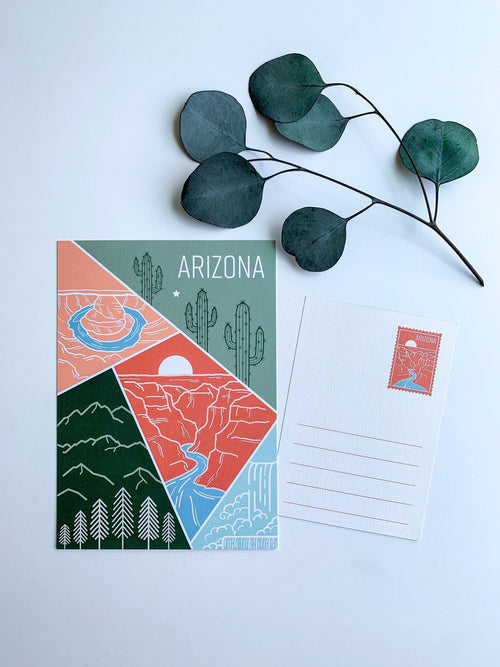 A postcard featuring a colorful illustration of Arizona's landscape, including mountains and cacti, with the text 'ARIZONA' at the top.