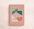 A postcard with an illustrated mountain range and the text 'UTAH' prominently featured. The design includes a mix of colors representing the landscape, and a logo is visible on the bottom.