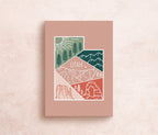 A postcard with an illustrated mountain range and the text 'UTAH' prominently featured. The design includes a mix of colors representing the landscape, and a logo is visible on the bottom.