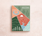 A postcard featuring a colorful illustration of Arizona's landscape, including mountains and cacti, with the text 'ARIZONA' at the top.
