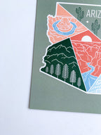A postcard with an illustration representing Arizona's landscape, including a cactus and mountains, with a space for personalized messaging on the back.