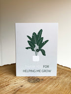 A greeting card with a green and white illustration of a plant, held in a hand with a pink floral background.