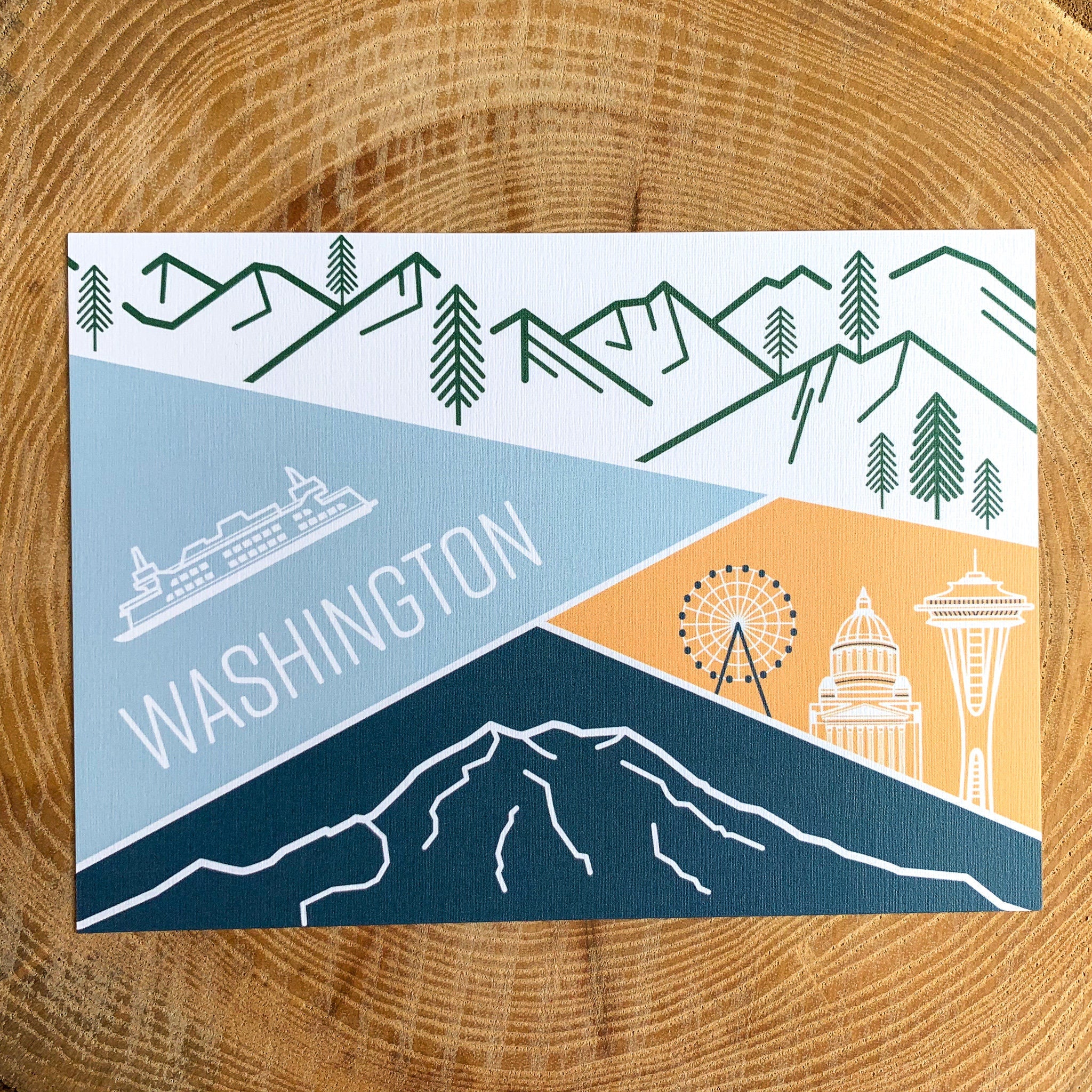 A postcard featuring illustrated landscapes and iconic symbols of Washington state, including mountains and the Seattle Space Needle.